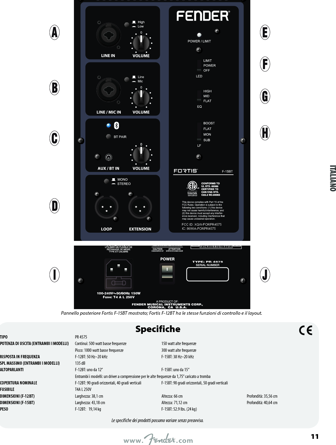 5002603FCC ID: XQW-FORPR4575IC: 8690A-FORPR4575100-240V   50/60Hz 150WFuse: T4 A L 250VTYPE: PR 4575SpecificheTIPO  PR 4575POTENZA DI USCITA (ENTRAMBI I MODELLI)  Continui: 500 watt basse frequenze  150 watt alte frequenze   Picco: 1000 watt basse frequenze  300 watt alte frequenzeRISPOSTA IN FREQUENZA  F-12BT: 50 Hz–20 kHz  F-15BT: 38 Hz–20 kHz SPL MASSIMO (ENTRAMBI I MODELLI)  135 dBALTOPARLANTI  F-12BT: uno da 12”  F-15BT: uno da 15”  Entrambi i modelli: un driver a compressione per le alte frequenze da 1,75” caricato a trombaCOPERTURA NOMINALE  F-12BT: 90 gradi orizzontali, 40 gradi verticali  F-15BT: 90 gradi orizzontali, 50 gradi verticaliFUSIBILE  T4A L 250VDIMENSIONI (F-12BT)  Larghezza: 38,1 cm  Altezza: 66 cm  Profondità: 35,56 cmDIMENSIONI (F-15BT)  Larghezza: 43,18 cm  Altezza: 71,12 cm  Profondità: 40,64 cmPESO  F-12BT:   19,14 kg  F-15BT: 52.9 lbs. (24 kg)Le specifiche dei prodotti possono variare senza preavviso.ITALIANO       Pannello posteriore Fortis F-15BT mostrato; Fortis F-12BT ha le stesse funzioni di controllo e il layout.11