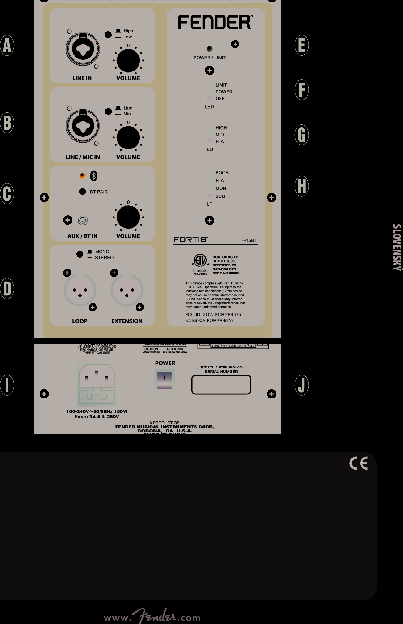 5002603FCC ID: XQW-FORPR4575IC: 8690A-FORPR4575100-240V   50/60Hz 150WFuse: T4 A L 250VTYPE: PR 4575ŠpecifikácieDRUH  PR 4575VÝSTUPNÝ VÝKON (OBA MODELY)  nepretržitý: 500 wattov nízka frekvencia  150 wattov vysoká frekvencia   vrchol: 1000 wattov nízka frekvencia  300 wattov vysoká frekvenciaFREKVENČNÁ ODOZVA  F-12BT: 50 Hz – 20 kHz  F-15BT: 38 Hz – 20 kHz MAXIMÁLNY AKUSTICKÝ TLAK (OBA MODELY)  135 dBREPRODUKTORY  F-12BT: Jeden 12”  F-15BT: Jeden 15”  Oba modely: Jeden 1,75-palcový vysokofrekvenčný tlakový reproduktor s titánovým výškovým rohomNOMINÁLNE POKRYTIE  F-12BT: 90 stupňov horizontálne, 40 stupňov vertikálne  F-15BT: 90 stupňov horizontálne, 50 stupňov vertikálnePOISTKA  T4A L 250VROZMERY (F-12BT)  Šírka: 15” (38,1 cm)  Výška: 26” (66 cm)  Hĺbka: 14” (35,56 cm)ROZMERY (F-15BT)  Šírka: 17” (43,18 cm)  Výška: 28” (71,12 cm)  Hĺbka: 16” (40,64 cm)HMOTNOSŤ  F-12BT: 42,2 lbs. (19,14 kg)  F-15BT: 52.9 lbs. (24 kg)Špecifikácie výrobku podliehajú zmene bez oznámenia.SLOVENSKÝ       Fortis F-15BT na zadnom paneli je uvedené; Fortis F-12BT má rovnaké ovládacie prvky a rozvrhnutie.19