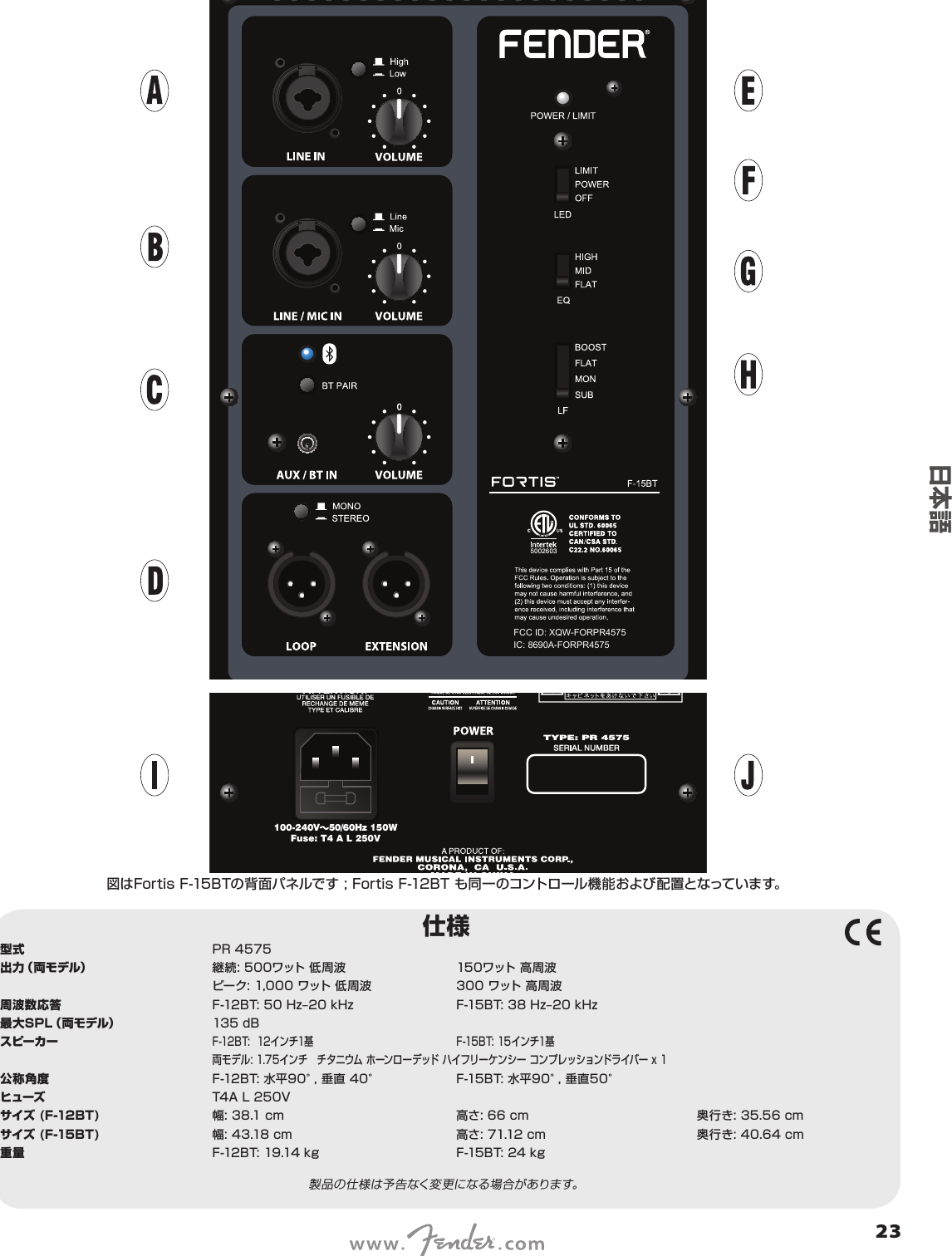 5002603FCC ID: XQW-FORPR4575IC: 8690A-FORPR4575100-240V   50/60Hz 150WFuse: T4 A L 250VTYPE: PR 4575仕様型式  PR 4575出力（両モデル）  継続: 500ワット 低周波  150ワット 高周波   ピーク: 1,000 ワット 低周波  300 ワット 高周波周波数応答  F-12BT: 50 Hz‒20 kHz  F-15BT: 38 Hz‒20 kHz 最大SPL（両モデル）  135 dBスピーカー F-12BT:  12インチ1基  F-15BT: 15インチ1基   両モデル: 1.75インチ チタニウム ホーンローデッド ハイフリーケンシー コンプレッションドライバー x 1公称角度  F-12BT: 水平90°, 垂直 40°  F-15BT: 水平90°, 垂直50°ヒューズ  T4A L 250Vサイズ (F-12BT)  幅: 38.1 cm  高さ: 66 cm  奥行き: 35.56 cmサイズ (F-15BT)  幅: 43.18 cm  高さ: 71.12 cm  奥行き: 40.64 cm重量  F-12BT: 19.14 kg  F-15BT: 24 kg製品の仕様は予告なく変更になる場合があります。日本語図はFortis F-15BTの背面パネルです ; Fortis F-12BT も同一のコントロール機能および配置となっています。23