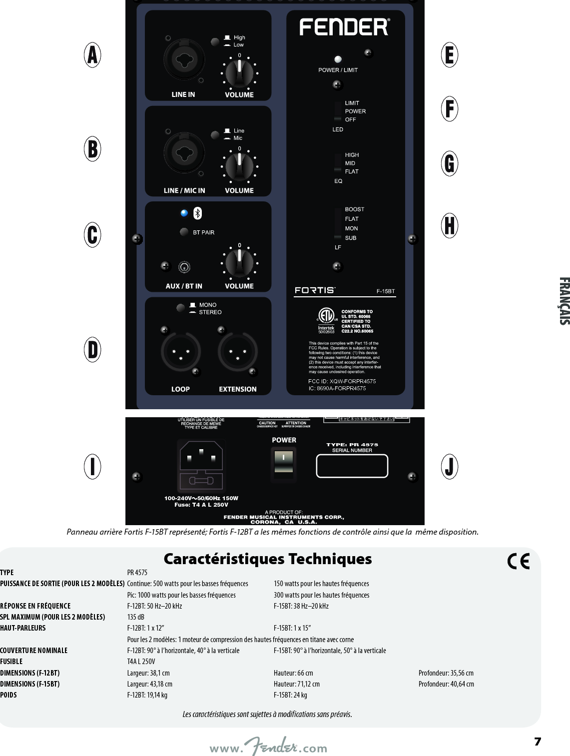 5002603FCC ID: XQW-FORPR4575IC: 8690A-FORPR4575100-240V   50/60Hz 150WFuse: T4 A L 250VTYPE: PR 4575Caractéristiques TechniquesTYPE  PR 4575PUISSANCE DE SORTIE (POUR LES 2 MODÈLES)  Continue: 500 watts pour les basses fréquences  150 watts pour les hautes fréquences   Pic: 1000 watts pour les basses fréquences  300 watts pour les hautes fréquencesRÉPONSE EN FRÉQUENCE  F-12BT: 50 Hz–20 kHz  F-15BT: 38 Hz–20 kHz SPL MAXIMUM (POUR LES 2 MODÈLES)  135 dBHAUT-PARLEURS  F-12BT: 1 x 12”  F-15BT: 1 x 15”  Pour les 2 modèles: 1 moteur de compression des hautes fréquences en titane avec corneCOUVERTURE NOMINALE  F-12BT: 90° à l’horizontale, 40° à la verticale  F-15BT: 90° à l’horizontale, 50° à la verticaleFUSIBLE  T4A L 250VDIMENSIONS (F-12BT)  Largeur: 38,1 cm  Hauteur: 66 cm  Profondeur: 35,56 cmDIMENSIONS (F-15BT)  Largeur: 43,18 cm  Hauteur: 71,12 cm  Profondeur: 40,64 cmPOIDS  F-12BT: 19,14 kg  F-15BT: 24 kgLes caractéristiques sont sujettes à modifications sans préavis.FRANÇAIS     Panneau arrière Fortis F-15BT représenté; Fortis F-12BT a les mêmes fonctions de contrôle ainsi que la  même disposition.7