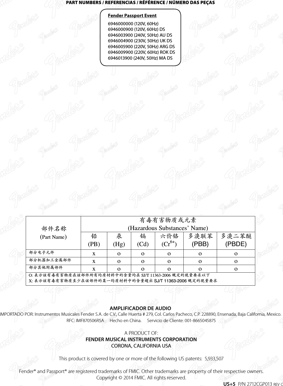 AMPLIFICADOR DE AUDIOIMPORTADO POR: Instrumentos Musicales Fender S.A. de C.V., Calle Huerta # 279, Col. Carlos Pacheco, C.P. 228890, Ensenada, Baja California, Mexico.   RFC: IMF870506R5A     Hecho en China.     Servicio de Cliente: 001-8665045875    A PRODUCT OF:  FENDER MUSICAL INSTRUMENTS CORPORATION  CORONA, CALIFORNIA USA  This product is covered by one or more of the following US patents:  5,933,507  Fender® and Passport® are registered trademarks of FMIC. Other trademarks are property of their respective owners.  Copyright © 2014 FMIC. All rights reserved.  US+5  P/N 2712CGP013 REV C有毒有害物质或元素部件名称  铅汞镉六价铬多溴联苯多溴二苯醚部分电子元件      部分机器加工金属部件     部分其他附属部件     表示该有毒有害物质在该部件所有均质材料中的含量均在 !&quot;##$$%&amp;&apos;&apos;规定的现量要求以下(表示该有毒有害物质至少在该部件的某一均质材料中的含量超出  规定的现量要求PART NUMBERS / REFERENCIAS / RÉFÉRENCE / NÚMERO DAS PEÇAS  Fender Passport Event  6946000000 (120V, 60Hz)  6946000900 (120V, 60Hz) DS  6946003900 (240V, 50Hz) AU DS  6946004900 (230V, 50Hz) UK DS  6946005900 (220V, 50Hz) ARG DS  6946009900 (220V, 60Hz) ROK DS  6946013900 (240V, 50Hz) MA DS