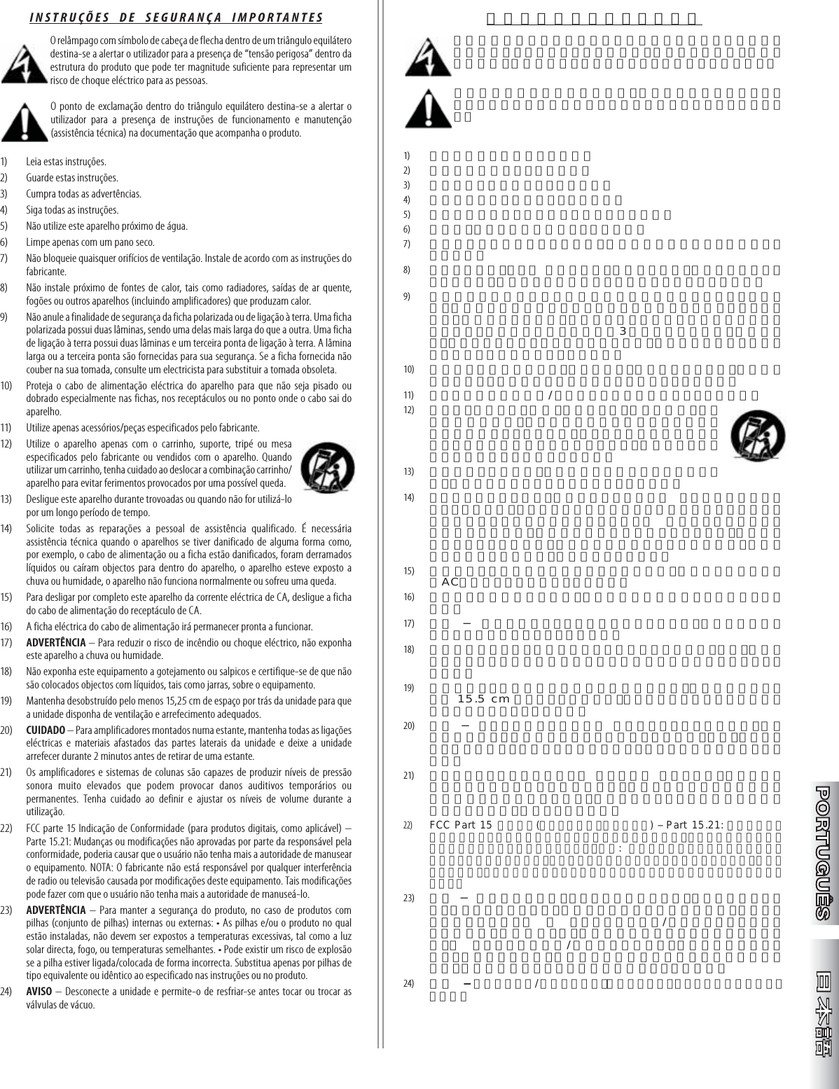 安全にご使用いただくために 二等辺三角形の中の矢印のついた稲妻の閃光のシンボルは、人に電気ショックを与えるに十分な、絶縁されていない「高電圧の危険」が製品のケース内にあることを警告するものです。二等辺三角形の中の感嘆符合は、重要な操作方法およびメンテナンス方法の記述が製品に付属の説明書にあることを示します。1)  以下の説明をお読みください。2)   本説明書を保存してください。3)   警告にはすべて注意してください。4) 使用方法にはすべて従ってください。5) 本装置は水の近くでは使用しないでください。6)  清掃は、乾いた布でのみ行ってください。7)  通気孔はふさがないでください。製造元の手順書に従って設置してください。8)  ラジエーター、ヒート レジスター、調理用コンロ、音響用アンプリファイア等の、熱を発する機器の近くには設置しないでください。9)   極性プラグや接地プラグの安全機能を妨げないようにしてください。極性プラグは二つのブレードの一方が他方より幅広くなっています。接地型プラグには、二つのブレードに加えて接地プロングがあります。幅の広いブレードまたは3番目のプロングは、安全用です。プラグがコンセントに合わないときは、電気技師に相談して旧式のコンセントを付け替えてください。10)  電源コードが踏まれたり、特にプラグ、便利レセプタクル、または装置から出てくる箇所でねじれないように保護してください。11)   メーカー指定の付属品/アクセサリーのみを使用してください。12)   カード、スタンド、三脚、ブラケット、テーブルは、メーカー指定のもの、または装置と共に販売されているもののみを使用してください。カートをご使用の場合は、カートと装置を一緒に移動させるとき、転倒によって怪我をされないようご注意ください。13)   稲妻が光っている間、また長期間ご使用にならないときは、本装置の電源をプラグから抜いてください。14)   メンテナンスはすべて、資格のあるメンテナン  スサービス要員に依頼してください。メンテナンスは装置が何らかの形で損傷した場合、例えば次のような場合に必要となります： 電源コードまたはプラグが損傷した場合、装置の中に液体がこぼれて入ったり、ものが落ちて入ったりした場合、装置が雨や湿気にさらされた場合、装置が正常に動作しない場合、装置を落とした場合。15)   本装置をＡＣ主電源から完全に切り離すには、電源コードのプラグをACコンセントから抜いてください。16)   電源コードの電源プラグは、常に操作可能な状態にしておいてください。17)   警告 − 火災や電気ショックの危険を減らすため、本装置を雨や湿気にさらさないようにしてください。18)   本装置を水のしずくや水はねにさらさないでください。また、花瓶などの水の入ったものは本装置の上には絶対に置かないようにしてください。19)   本装置ユニットの適切な通気および冷却のため、その背後に少なくとも 15.5 cm のスペースを確保し、そこにはさえぎるようなものは置かないようにしてください。20)   注意 − ラックに搭載したパワー アンプリファイアの場合は、配線その他をユニットの側面から離しておいてください。また、ラックのケースからユニットを取り出す前にユニットを２分間冷却させてください。21)   アンプリファイアおよびラウド  スピーカー  システムは、非常に高い音圧レベルを生じさせる能力があり、聴覚に一時的または永久的な損傷を起こす恐れがあります。使用中にボリュームの設定および調整を行うときは、注意してください。22)   FCC Part 15 適合宣言(デジタル製品、規定の通り) ‒ Part 15.21: 順守の責任を持つ団体によって明示的に許可されていない変更や改造は、ユーザーの機器を操作する権限を無効にする場合があります。注意:  製造者は機器に施された未認証の改造によって引き起こされた、あらゆるラジオまたはテレビの障害については、責任を有しません。この種の改造はユーザーの機器を操作する権限を無効にする場合があります。23)   警告 − 安全確保のため、バッテリーを内臓した、または外部バッテリー（バッテリーパック）を使用した製品をご使用の際は、次のことにご注意ください： ＊ バッテリーおよび/またはバッテリーが入った製品は、太陽光線、火、等の過度の熱にはさらさないでください。＊ バッテリーの接続/交換方法を誤ると、爆発の危険性があります。交換するときは、説明書または製品上に記載されたものと同じか、同等の種類のバッテリーのみを使用してください。24)  注意  ‒ 真空管に触る/交換する前に、製品をコンセントから抜き冷却させてください。INSTRUÇÕES  DE  SEGURANÇA  IMPORTANTES O relâmpago com símbolo de cabeça de flecha dentro de um triângulo equilátero destina-se a alertar o utilizador para a presença de “tensão perigosa” dentro da estrutura do produto que pode ter magnitude suficiente para representar um risco de choque eléctrico para as pessoas.O ponto de exclamação dentro do triângulo equilátero destina-se a alertar o utilizador para a presença de instruções de funcionamento e manutenção (assistência técnica) na documentação que acompanha o produto.1)   Leia estas instruções.2)   Guarde estas instruções.3)   Cumpra todas as advertências.4)   Siga todas as instruções.5)   Não utilize este aparelho próximo de água.6)   Limpe apenas com um pano seco.7)   Não bloqueie quaisquer orifícios de ventilação. Instale de acordo com as instruções do fabricante.8)   Não instale próximo de fontes de calor, tais como radiadores, saídas de ar quente, fogões ou outros aparelhos (incluindo amplificadores) que produzam calor.9)   Não anule a finalidade de segurança da ficha polarizada ou de ligação à terra. Uma ficha polarizada possui duas lâminas, sendo uma delas mais larga do que a outra. Uma ficha de ligação à terra possui duas lâminas e um terceira ponta de ligação à terra. A lâmina larga ou a terceira ponta são fornecidas para sua segurança. Se a ficha fornecida não couber na sua tomada, consulte um electricista para substituir a tomada obsoleta.10)   Proteja o cabo de alimentação eléctrica do aparelho para que não seja pisado ou dobrado especialmente nas fichas, nos receptáculos ou no ponto onde o cabo sai do aparelho.11)   Utilize apenas acessórios/peças especificados pelo fabricante.12)   Utilize o aparelho apenas com o carrinho, suporte, tripé ou mesa especificados pelo fabricante ou vendidos com o aparelho. Quando utilizar um carrinho, tenha cuidado ao deslocar a combinação carrinho/aparelho para evitar ferimentos provocados por uma possível queda.13)   Desligue este aparelho durante trovoadas ou quando não for utilizá-lo por um longo período de tempo.14)   Solicite todas as reparações a pessoal de assistência qualificado. É necessária assistência técnica quando o aparelhos se tiver danificado de alguma forma como, por exemplo, o cabo de alimentação ou a ficha estão danificados, foram derramados líquidos ou caíram objectos para dentro do aparelho, o aparelho esteve exposto a chuva ou humidade, o aparelho não funciona normalmente ou sofreu uma queda.15)   Para desligar por completo este aparelho da corrente eléctrica de CA, desligue a ficha do cabo de alimentação do receptáculo de CA.16)   A ficha eléctrica do cabo de alimentação irá permanecer pronta a funcionar.17)   ADVERTÊNCIA – Para reduzir o risco de incêndio ou choque eléctrico, não exponha este aparelho a chuva ou humidade.18)   Não exponha este equipamento a gotejamento ou salpicos e certifique-se de que não são colocados objectos com líquidos, tais como jarras, sobre o equipamento.19)   Mantenha desobstruído pelo menos 15,25 cm de espaço por trás da unidade para que a unidade disponha de ventilação e arrefecimento adequados.20)   CUIDADO – Para amplificadores montados numa estante, mantenha todas as ligações eléctricas e materiais afastados das partes laterais da unidade e deixe a unidade arrefecer durante 2 minutos antes de retirar de uma estante.21)   Os amplificadores e sistemas de colunas são capazes de produzir níveis de pressão sonora muito elevados que podem provocar danos auditivos temporários ou permanentes. Tenha cuidado ao definir e ajustar os níveis de volume durante a utilização.22)   FCC parte 15 Indicação de Conformidade (para produtos digitais, como aplicável) – Parte 15.21: Mudanças ou modificações não aprovadas por parte da responsável pela conformidade, poderia causar que o usuário não tenha mais a autoridade de manusear o equipamento. NOTA: O fabricante não está responsável por qualquer interferência de radio ou televisão causada por modificações deste equipamento. Tais modificações pode fazer com que o usuário não tenha mais a autoridade de manuseá-lo.23)   ADVERTÊNCIA – Para manter a segurança do produto, no caso de produtos com pilhas (conjunto de pilhas) internas ou externas: • As pilhas e/ou o produto no qual estão instaladas, não devem ser expostos a temperaturas excessivas, tal como a luz solar directa, fogo, ou temperaturas semelhantes. • Pode existir um risco de explosão se a pilha estiver ligada/colocada de forma incorrecta. Substitua apenas por pilhas de tipo equivalente ou idêntico ao especificado nas instruções ou no produto.24)  AVISO – Desconecte a unidade e permite-o de resfriar-se antes tocar ou trocar as válvulas de vácuo.