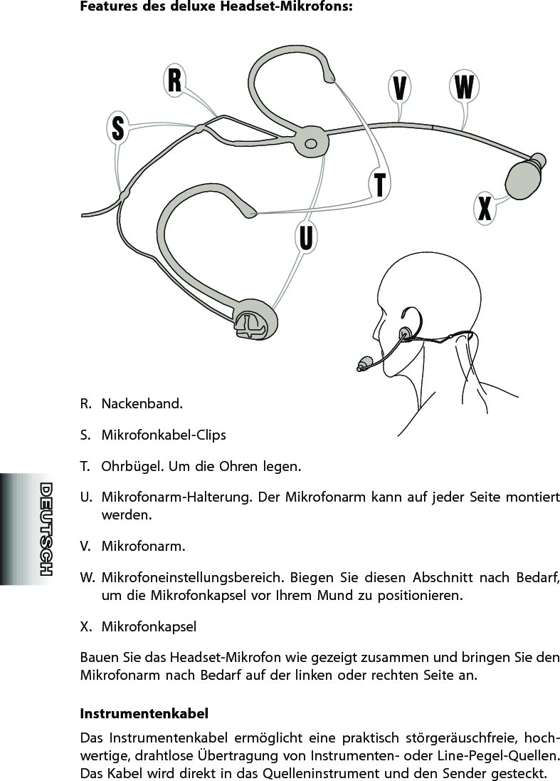 Features des deluxe Headset-Mikrofons:R.  Nackenband. S.  Mikrofonkabel-ClipsT.  Ohrbügel. Um die Ohren legen.U.  Mikrofonarm-Halterung.  Der  Mikrofonarm  kann  auf  jeder  Seite  montiert werden.V.  Mikrofonarm. W.  Mikrofoneinstellungsbereich.  Biegen  Sie  diesen  Abschnitt  nach  Bedarf, um die Mikrofonkapsel vor Ihrem Mund zu positionieren.X.  MikrofonkapselBauen Sie das Headset-Mikrofon wie gezeigt zusammen und bringen Sie den Mikrofonarm nach Bedarf auf der linken oder rechten Seite an.InstrumentenkabelDas  Instrumentenkabel  ermöglicht  eine  praktisch  störgeräuschfreie,  hoch-wertige, drahtlose Übertragung von Instrumenten- oder Line-Pegel-Quellen. Das Kabel wird direkt in das Quelleninstrument und den Sender gesteckt. 