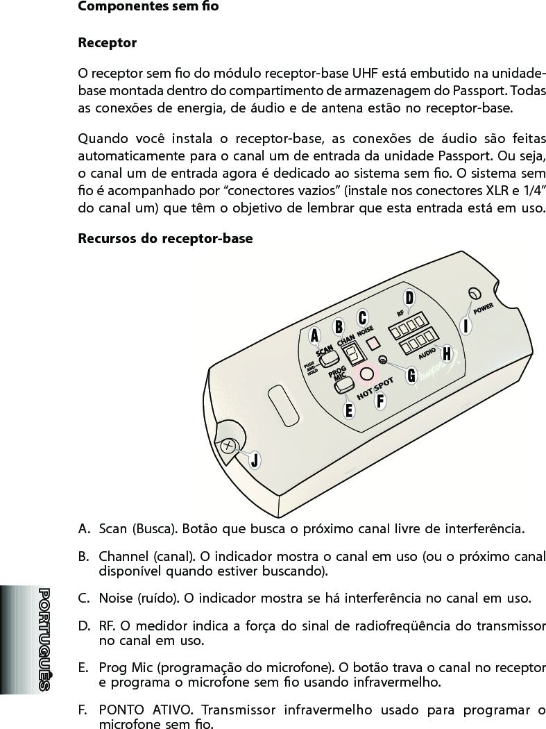 Componentes sem oReceptor O receptor sem o do módulo receptor-base UHF está embutido na unidade-base montada dentro do compartimento de armazenagem do Passport. Todas as conexões de energia, de áudio e de antena estão no receptor-base. Quando  você  instala  o  receptor-base,  as  conexões  de  áudio  são  feitas automaticamente para o canal um de entrada da unidade Passport. Ou seja, o canal um de entrada agora é dedicado ao sistema sem o. O sistema sem o é acompanhado por “conectores vazios” (instale nos conectores XLR e 1/4” do canal um) que têm o objetivo de lembrar que esta entrada está em uso. Recursos do receptor-baseA.  Scan (Busca). Botão que busca o próximo canal livre de interferência.B.  Channel (canal). O indicador mostra o canal em uso (ou o próximo canal disponível quando estiver buscando).C.  Noise (ruído). O indicador mostra se há interferência no canal em uso. D.  RF.  O  medidor  indica  a  força  do  sinal de  radiofreqüência  do  transmissor no canal em uso. E.  Prog Mic (programação do microfone). O botão trava o canal no receptor e programa o microfone sem o usando infravermelho. F.  PONTO  ATIVO.  Transmissor  infravermelho  usado  para  programar  o microfone sem o. 