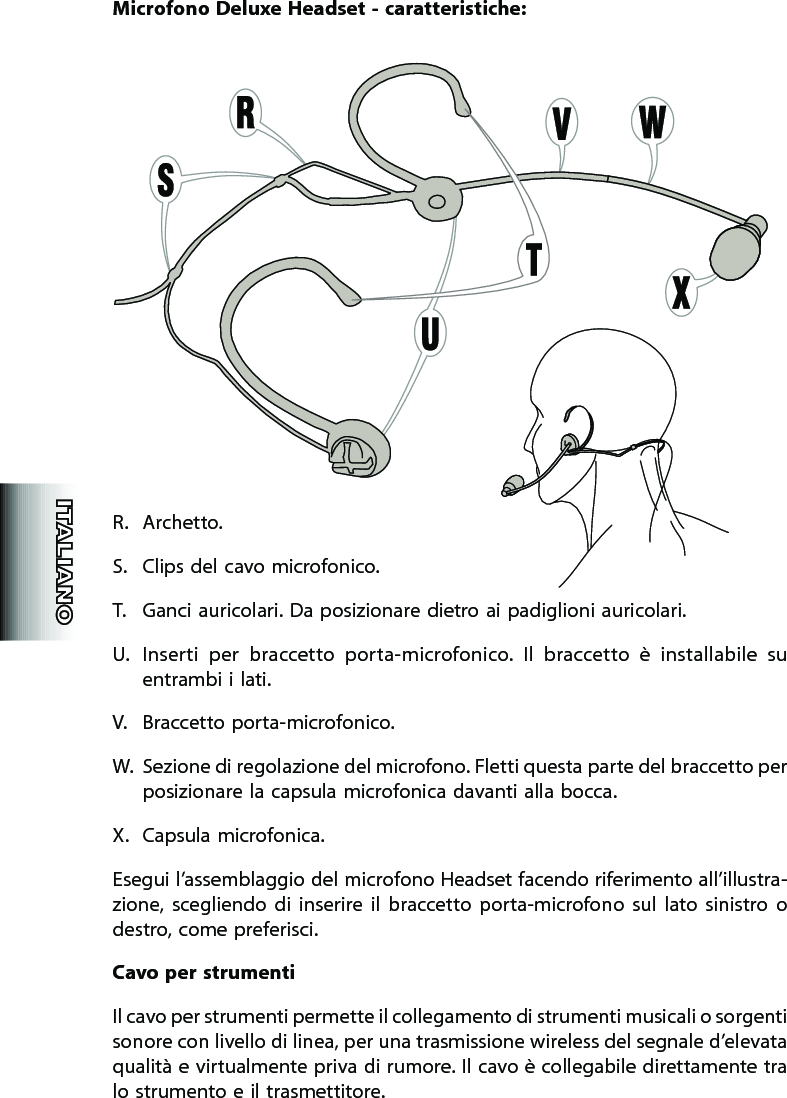 Microfono  Deluxe Headset - caratteristiche:R.  Archetto.S.  Clips del cavo microfonico.T.  Ganci auricolari. Da posizionare dietro ai padiglioni auricolari.U.  Inserti  per  braccetto  porta-microfonico.  Il  braccetto  è  installabile  su  entrambi i lati.V.  Braccetto porta-microfonico. W.  Sezione di regolazione del microfono. Fletti questa parte del braccetto per  posizionare la capsula microfonica davanti alla bocca.X.  Capsula microfonica.Esegui l’assemblaggio del microfono Headset facendo riferimento all’illustra-zione,  scegliendo  di  inserire  il  braccetto  porta-microfono  sul  lato  sinistro  o destro, come preferisci. Cavo per strumentiIl cavo per strumenti permette il collegamento di strumenti musicali o sorgenti  sonore con livello di linea, per una trasmissione wireless del segnale d’elevata qualità e virtualmente priva di rumore. Il cavo è collegabile direttamente tra lo strumento e il trasmettitore.