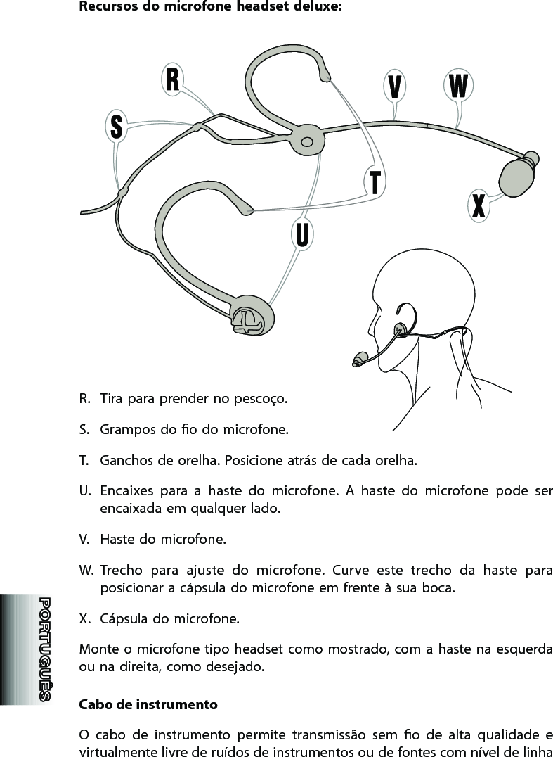 Recursos do microfone headset  deluxe:R.  Tira para prender no pescoço. S.  Grampos do o do microfone.T.  Ganchos de orelha. Posicione atrás de cada orelha.U.  Encaixes  para  a  haste  do  microfone.  A  haste  do  microfone  pode  ser encaixada em qualquer lado.V.  Haste do microfone.W.  Trecho  para  ajuste  do  microfone.  Curve  este  trecho  da  haste  para posicionar a cápsula do microfone em frente à sua boca.X.  Cápsula do microfone.Monte o microfone tipo  headset como mostrado, com a haste na  esquerda ou na direita, como desejado. Cabo de instrumentoO  cabo  de  instrumento  permite  transmissão  sem  o  de  alta  qualidade  e virtualmente livre de ruídos de instrumentos ou de fontes com nível de linha 