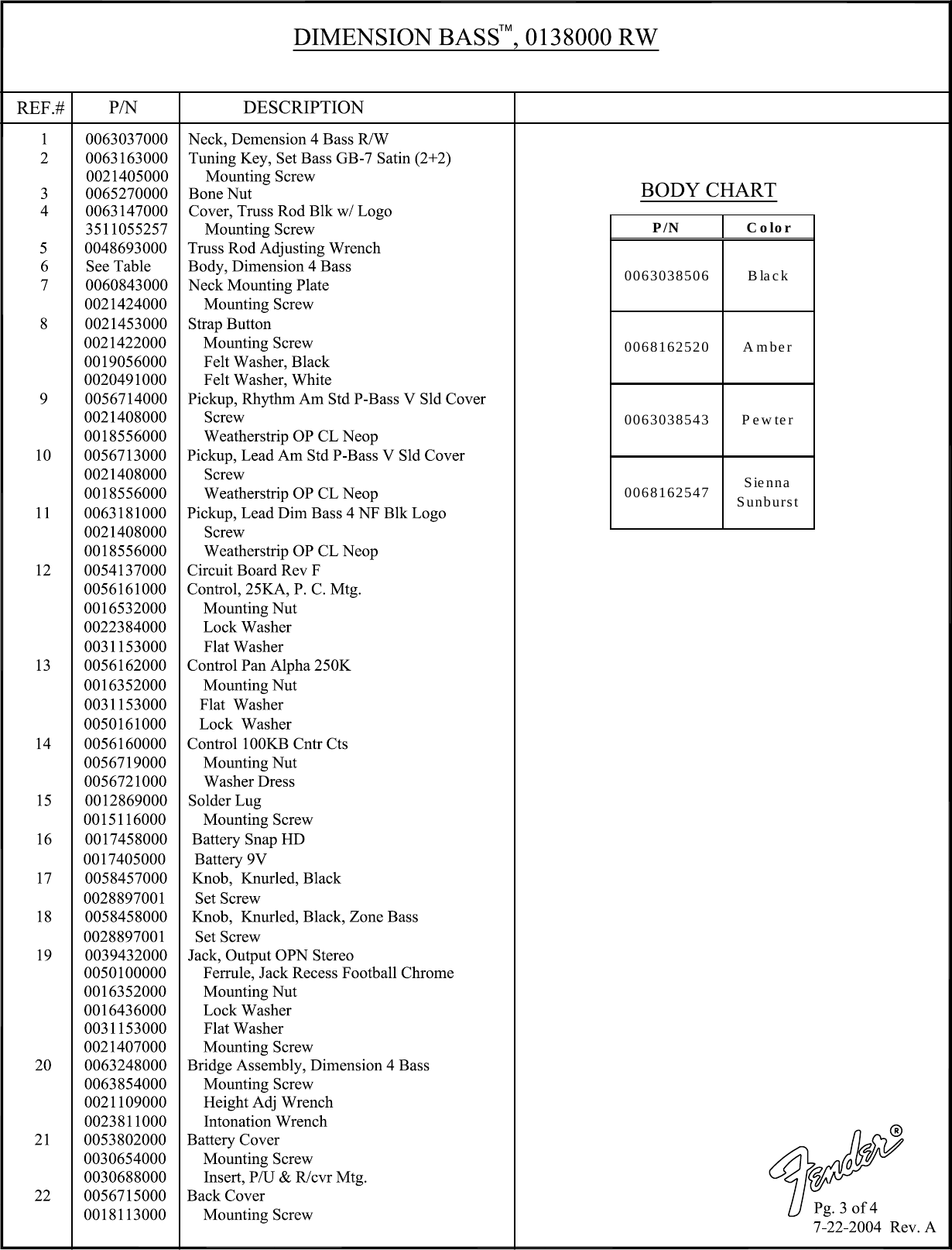 Page 3 of 4 - Fender SD 013-8000 Dimension Bass IV - Rev A  013-8000A SISD