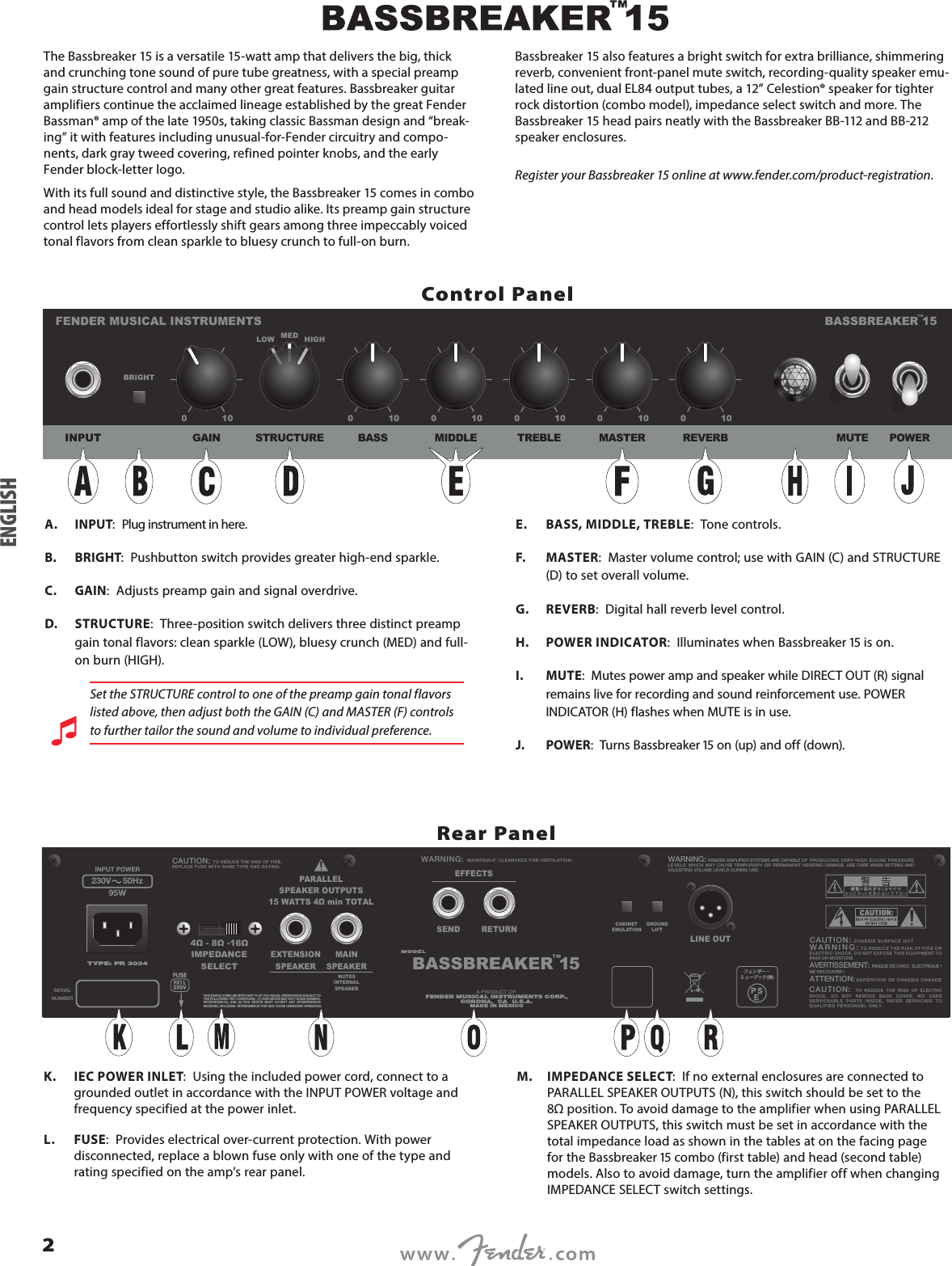 Page 2 of 12 - Fender  Bassbreaker 15 Owner's Manual