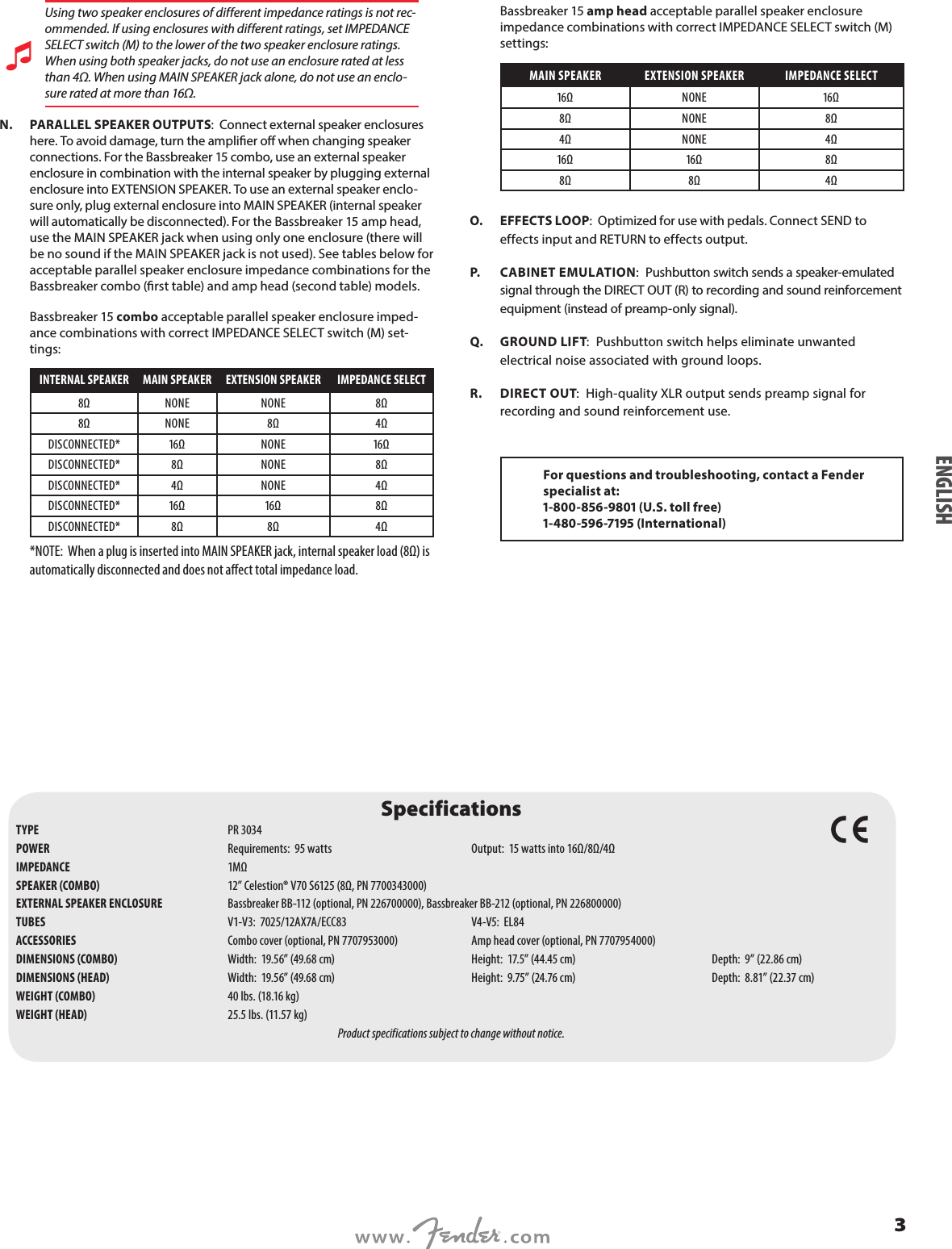 Page 3 of 12 - Fender  Bassbreaker 15 Owner's Manual