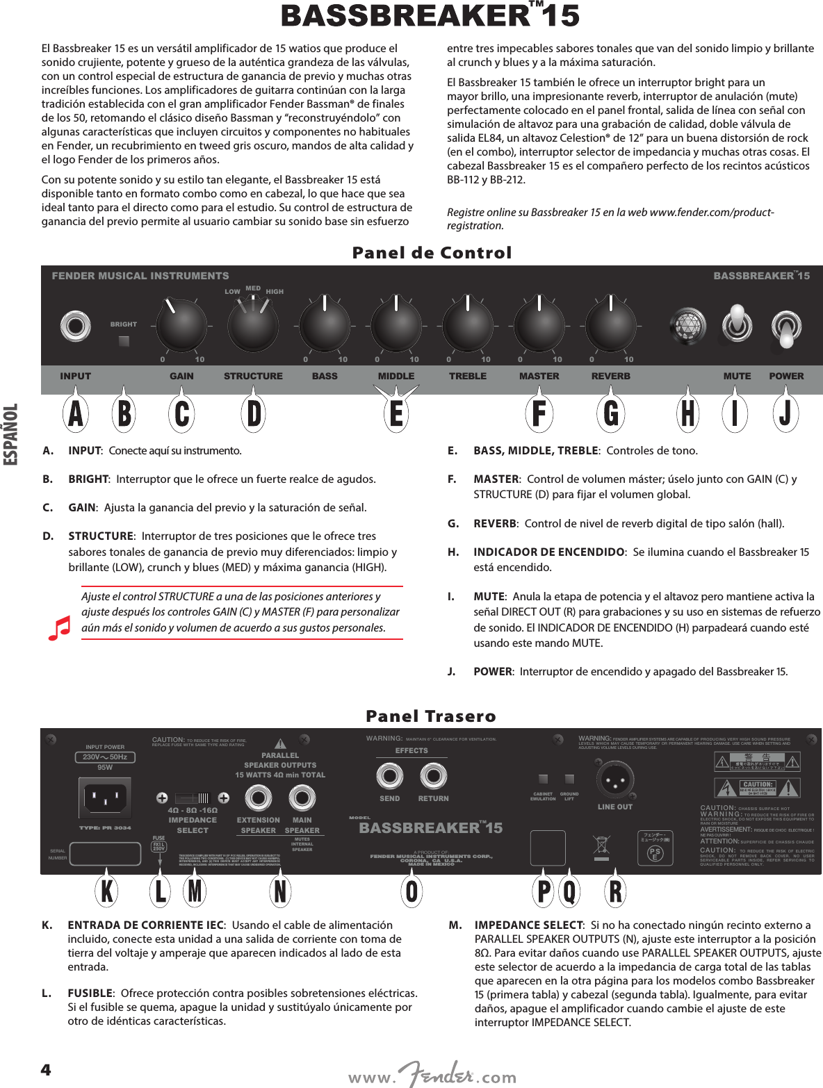 Page 4 of 12 - Fender  Bassbreaker 15 Owner's Manual