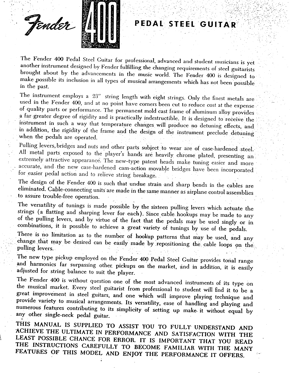 Page 2 of 10 - Fender  Fender_400_Pedal_Steel_Guitar_(1967)_manual 400 Pedal Steel Guitar 1967 Manual