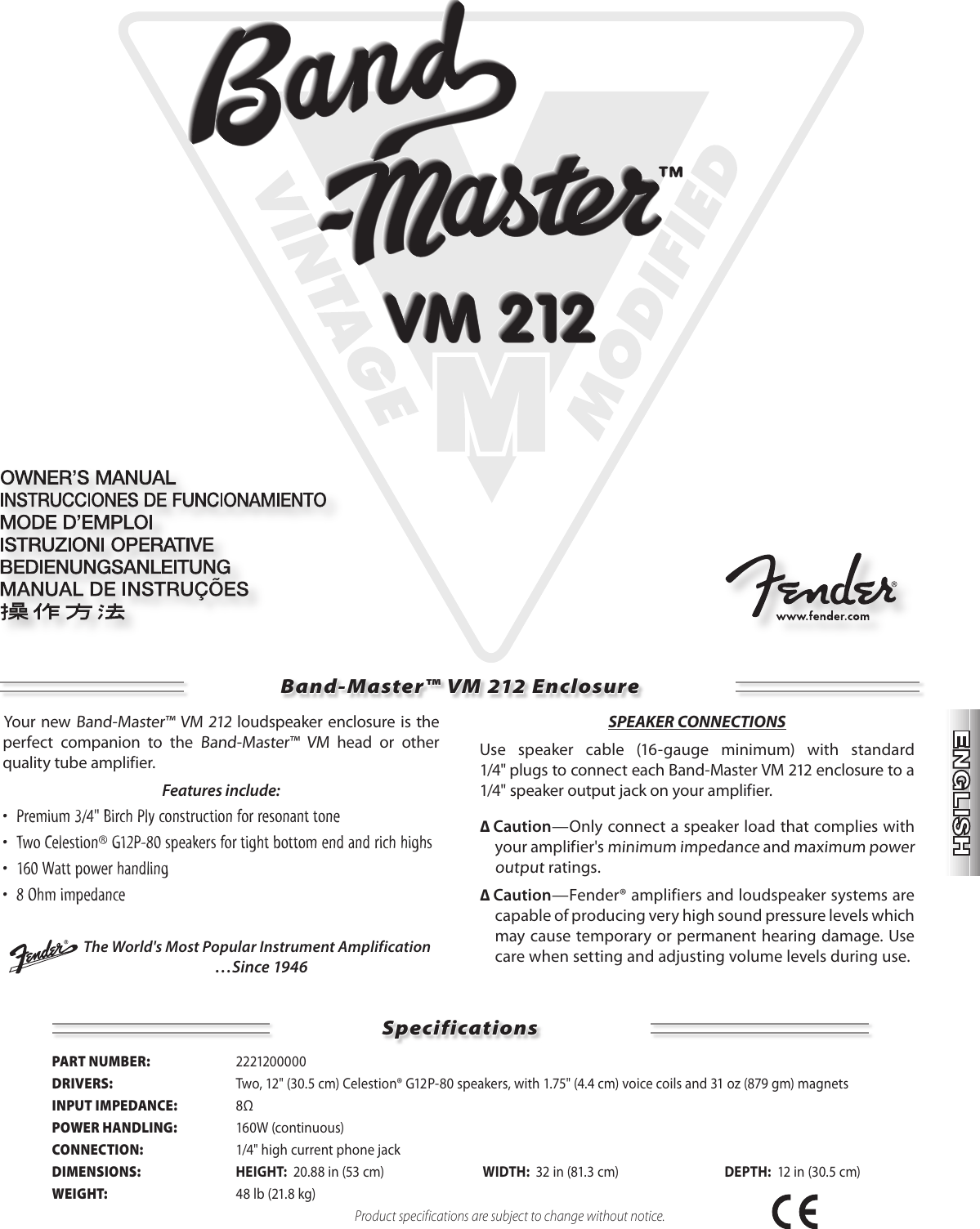 Fender Band Master Loudspeaker Vm 212 Users Manual