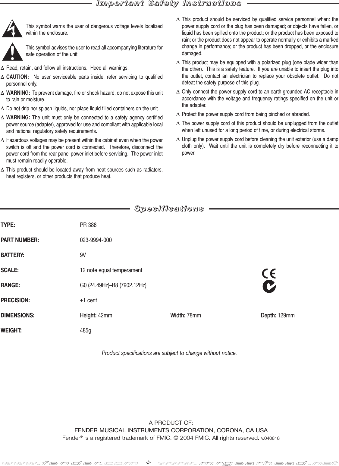 Page 2 of 2 - Fender  PT-100 Tuner