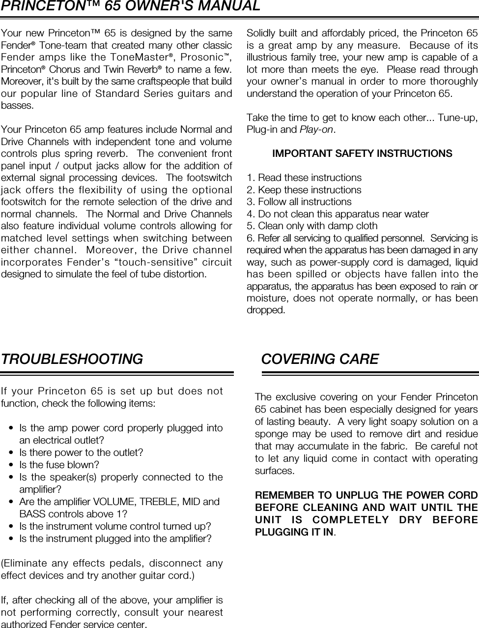 Page 2 of 4 - Fender  Princeton_65_manual Princeton 65 Manual
