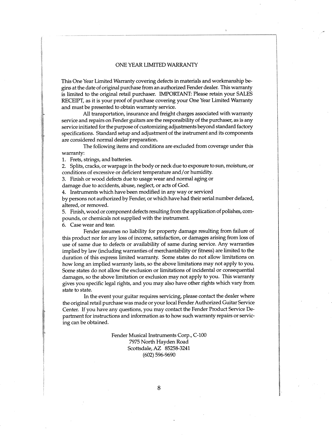 Page 11 of 12 - Fender  Squier_Squier_Bullet_Guitars_(1995)_manual Squier Bullet Guitars 1995 Manual