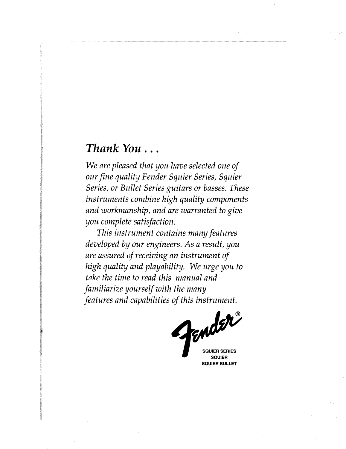 Page 3 of 12 - Fender  Squier_Squier_Bullet_Guitars_(1995)_manual Squier Bullet Guitars 1995 Manual