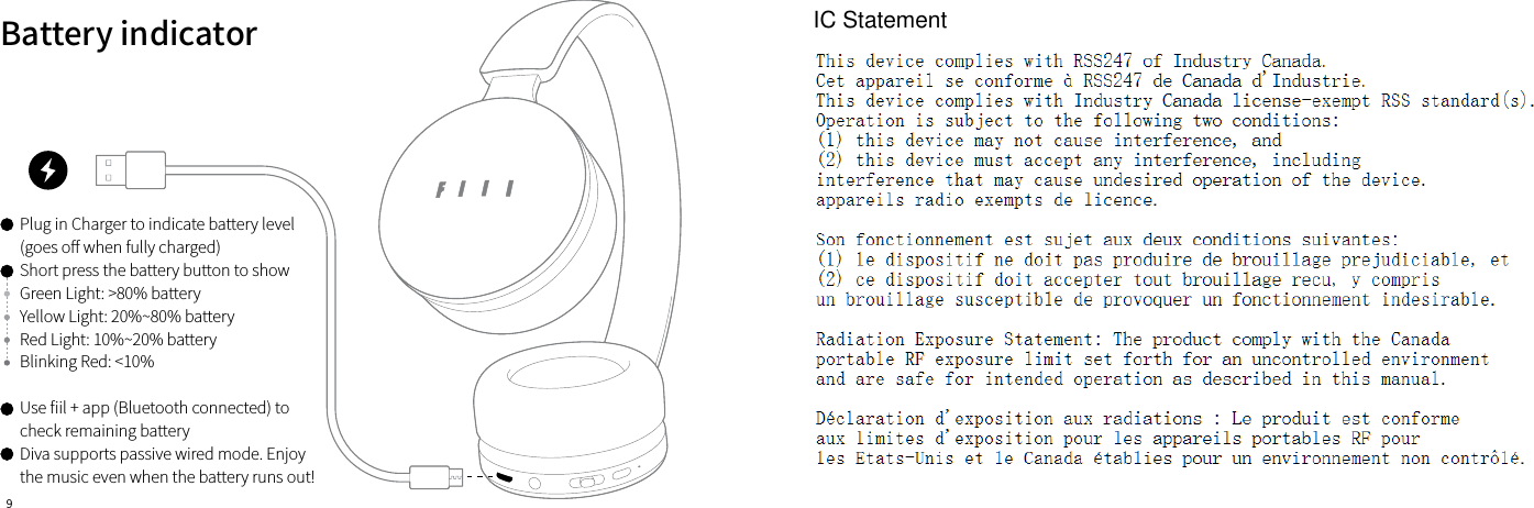 9Battery indicatorPlug in Charger to indicate battery level (goes o󼴨 when fully charged)Short press the battery button to showGreen Light: &gt;80% batteryYellow Light: 20%~80% batteryRed Light: 10%~20% batteryBlinking Red: &lt;10%Use 󼴩il + app (Bluetooth connected) to check remaining batteryDiva supports passive wired mode. Enjoy the music even when the battery runs out!                                                  IC Statement