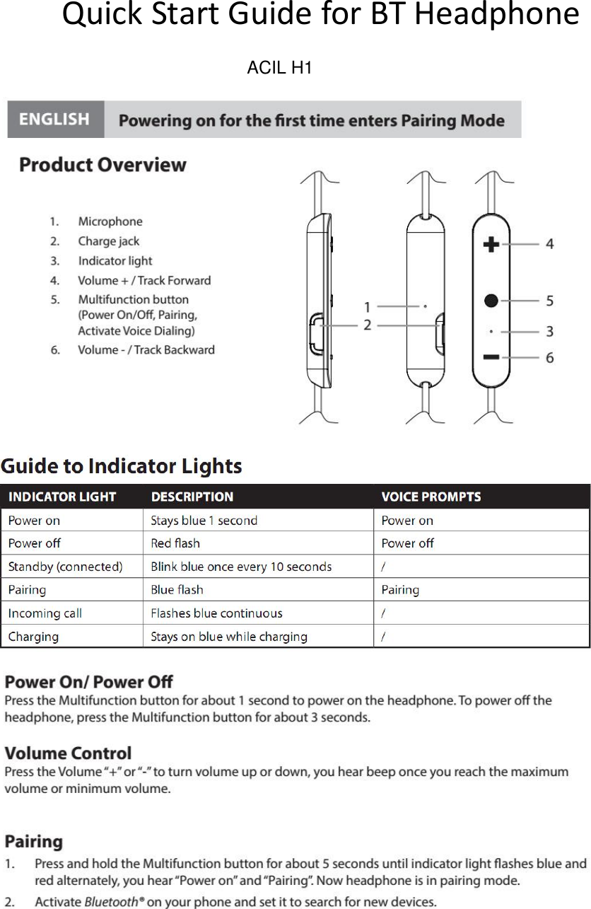 Quick Start Guide for BT HeadphoneACIL H1