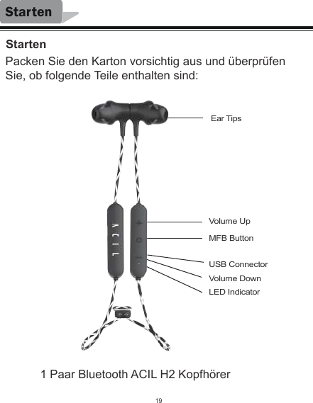 1 Paar Bluetooth ACIL H2 Kopfhörer  Packen Sie den Karton vorsichtig aus und überprüfen Sie, ob folgende Teile enthalten sind:StartenStarten19Ear TipsVolume UpVolume DownMFB ButtonLED IndicatorUSB Connector