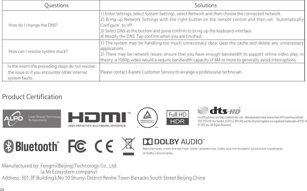 24         Questions       Solutions     How do I change the DNS?1) Enter Settings, select System Settings, select Network and then choose the connected network.2) Bring up Network Settings with the right button on the remote control and then set  'AutomaticallyConfigure'  to off.3) Select DNS at the bottom and press confirm to bring up the keyboard interface.4) Modify the DNS. Tap confirm when you are finished.     How can I resolve system stuck?1) The system may be handling too much unnecessary data: clear the cache and delete any unnecessaryapplications.2) There may be network issues: ensure that you have enough bandwidth to support online video play; intheory, a 1080p video would a require bandwidth capacity of 8M or more to generally avoid interruptions.    In the event the preceding steps do not resolve      the issue or if you encounter other internal   system faultsPlease contact Xiaomi Customer Service to arrange a professional technician.Product CertificationManufactured by: Fengmi(Beijing)Technology Co., Ltd.(a Mi Ecosystem company)Address: 301,3F,Building3,No.10,Shunyi District Renhe Town Barracks South Street,Beijing,China