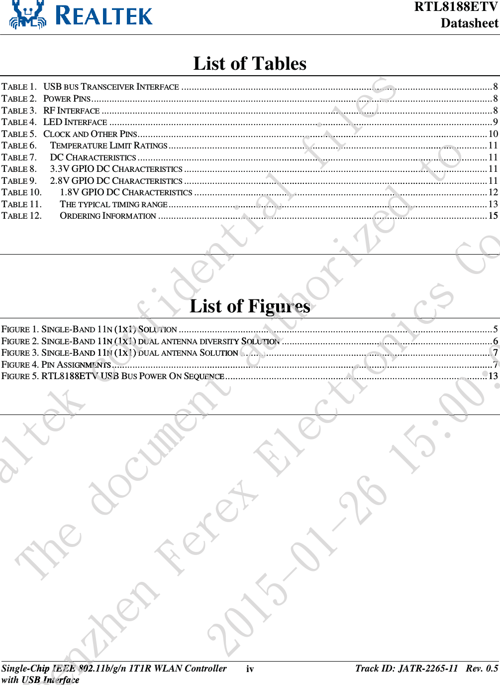 RTL8188ETV Datasheet Single-Chip IEEE 802.11b/g/n 1T1R WLAN Controller with USB Interface iv Track ID: JATR-2265-11   Rev. 0.5  List of Tables TABLE 1.   USB BUS TRANSCEIVER INTERFACE ......................................................................................................................... 8TABLE 2.   POWER PINS .... ...... ...... ...... ..... ...... ...... ...... ...... ...... ...... ..... ...... ...... ...... ...... ...... ...... ...... ...... ..... ...... ......... ......... ......... .. 8TABLE 3.   RF INTERFACE ...................................................................................................................................................... .. 8TABLE 4.   LED INTERFACE ..................................................................................................................................................... 9TABLE 5.   CLOCK AND OTHER PINS . ... .. ... ... ... ... ... ... ... ... ... ... ... ... ... ... ... ... .. ... ... ... ... ... ... ... ... ... ... ... ... ... ... .. ... ... ... ... ... ... ... ... ............ 10TABLE 6.TEMPERATURE LIMIT RATINGS ............................................................................................................................ 11TABLE 7.DC CHARACTERISTICS ........................................................................................................................................ 11TABLE 8.3.3V GPIO DC CHARACTERISTICS ...................................................................................................................... 11TABLE 9.2.8V GPIO DC CHARACTERISTICS ...................................................................................................................... 11TABLE 10.1.8V GPIO DC CHARACTERISTICS .................................................................................................................. 12TABLE 11.THE TYPICAL TIMING RANGE ............................................................................................................................ 13TABLE 12.ORDERING INFORMATION ................................................................................................................................ 15  List of Figures FIGURE 1. SINGLE-BAND 11N (1X1) SOLUTION .......................................................................................................................... 5FIGURE 2. SINGLE-BAND 11N (1X1) DUAL ANTENNA DIVERSITY SOLUTION .................................................................................. 6FIGURE 3. SINGLE-BAND 11N (1X1) DUAL ANTENNA SOLUTION .................................................................................................. 7FIGURE 4. PIN ASSIGNMENTS ............................... ......... ......... ......... ................................... ......... ......... ........ ............ ......... ........ 7FIGURE 5. RTL8188ETV USB BUS POWER ON SEQUENCE ...................................................................................................... 13  Sfbmufl!dpogjefoujbm!gjmftt.........................................................................................................................................................................................................................................................................................................................................................................................oLLgN(1XX1)1)SSOLUTIUT11N(1(1XX1)1) DUAUAND 11NN(1XX1)1DDIGNMENTSENT ......8188ETVVUSBUSBflUif!epdvnfou!bvuipsj{fe!up...................................................................................................................................................................................................j{Figuresgures ui.......................ITY SSOLUTIONOLUTIONUTION .............................................EQUENCEUENC ..... ...foTifo{ifo!Gfsfy!FmfdChip IEEE 802.1IEEE 802USB InterfaceUSB Interfacfofduspojdt!Dp/-!Mue. 15Dpjd......................................................................................................................................................................fd3126.12.37!26;11;1566..... 7.. 7.... ..... 77................. 131