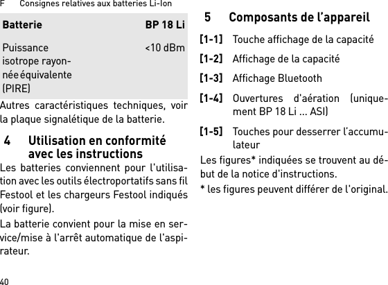 F       Consignes relatives aux batteries Li-Ion40Autres caractéristiques techniques, voirla plaque signalétique de la batterie.4 Utilisation en conformité avec les instructionsLes batteries conviennent pour l&apos;utilisa-tion avec les outils électroportatifs sans filFestool et les chargeurs Festool indiqués(voir figure).La batterie convient pour la mise en ser-vice/mise à l&apos;arrêt automatique de l&apos;aspi-rateur. 5 Composants de l’appareilLes figures* indiquées se trouvent au dé-but de la notice d&apos;instructions.* les figures peuvent différer de l&apos;original.Puissance isotrope rayon-née équivalente (PIRE)&lt;10 dBmBatterie BP 18 Li[1-1]Touche affichage de la capacité[1-2]Affichage de la capacité[1-3]Affichage Bluetooth[1-4]Ouvertures d&apos;aération (unique-ment BP 18 Li ... ASI)[1-5]Touches pour desserrer l’accumu-lateur