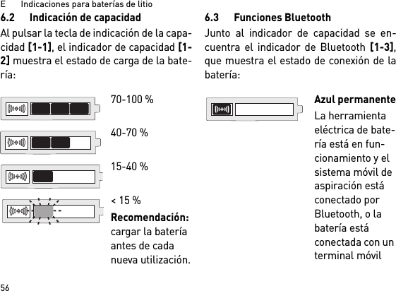 E       Indicaciones para baterías de litio566.2 Indicación de capacidadAl pulsar la tecla de indicación de la capa-cidad [1-1], el indicador de capacidad [1-2] muestra el estado de carga de la bate-ría: 6.3 Funciones BluetoothJunto al indicador de capacidad se en-cuentra el indicador de Bluetooth [1-3],que muestra el estado de conexión de labatería: 70-100 % 40-70 %15-40 %&lt;15%Recomendación: cargar la batería antes de cada nueva utilización.Azul permanenteLa herramienta eléctrica de bate-ría está en fun-cionamiento y el sistema móvil de aspiración está conectado por Bluetooth, o la batería está conectada con un terminal móvil 