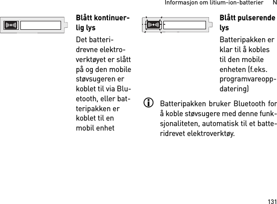 131Informasjon om litium-ion-batterier      NBatteripakken bruker Bluetooth forå koble støvsugere med denne funk-sjonaliteten, automatisk til et batte-ridrevet elektroverktøy. Blått kontinuer-lig lysDet batteri-drevne elektro-verktøyet er slått på og den mobile støvsugeren er koblet til via Blu-etooth, eller bat-teripakken er koblet til en mobil enhet Blått pulserende lysBatteripakken er klar til å kobles til den mobile enheten (f.eks. programvareopp-datering)