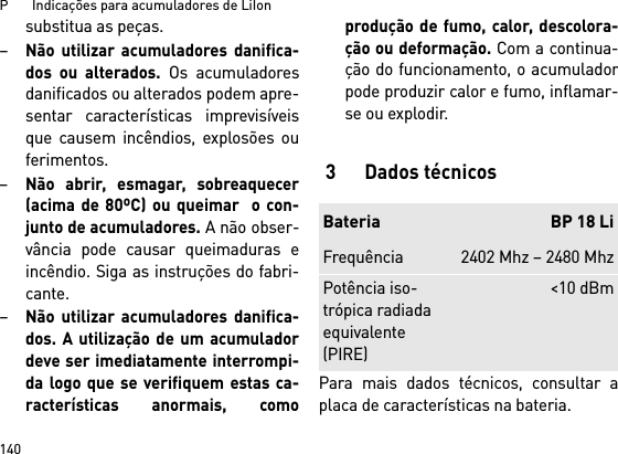 P       Indicações para acumuladores de LiIon140substitua as peças. –Não utilizar acumuladores danifica-dos ou alterados. Os acumuladoresdanificados ou alterados podem apre-sentar características imprevisíveisque causem incêndios, explosões ouferimentos.–Não abrir, esmagar, sobreaquecer(acima de 80ºC) ou queimar  o con-junto de acumuladores. A não obser-vância pode causar queimaduras eincêndio. Siga as instruções do fabri-cante. –Não utilizar acumuladores danifica-dos. A utilização de um acumuladordeve ser imediatamente interrompi-da logo que se verifiquem estas ca-racterísticas anormais, comoprodução de fumo, calor, descolora-ção ou deformação. Com a continua-ção do funcionamento, o acumuladorpode produzir calor e fumo, inflamar-se ou explodir. 3 Dados técnicosPara mais dados técnicos, consultar aplaca de características na bateria.Bateria BP 18 LiFrequência 2402 Mhz – 2480 MhzPotência iso-trópica radiada equivalente (PIRE)&lt;10 dBm