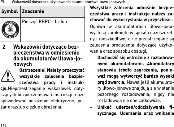 PL       Wskazówki dotyczące użytkowania akumulatorów litowo-jonowych1642 Wskazówki dotyczące bez-pieczeństwa w odniesieniu do akumulatorów litowo-jo-nowychOstrzeżenie! Należy przeczytaćwszystkie zalecenia bezpie-czeństwa pracy i instruk-cje.Nieprzestrzeganie wskazówek doty-czących bezpieczeństwa i instrukcji możespowodować porażenie elektryczne, po-żar oraz/lub ciężkie obrażenia. Wszystkie zalecenia odnośnie bezpie-czeństwa pracy i instrukcje należy za-chować do wykorzystania w przyszłości.Ogniwa w akumulatorach litowo-jono-wych są zamknięte w sposób gazoszczel-ny i nieszkodliwe, o ile przestrzegane sązalecenia producenta dotyczące użytko-wania oraz sposobu obsługi.–Obchodzić się ostrożnie z rozładowa-nymi akumulatorami. Akumulatorystanowią źródło zagrożenia, ponie-waż mogą wytworzyć bardzo wysokiprąd zwarcia. Nawet jeśli akumulato-ry litowo-jonowe znajdują się w staniepozornego rozładowania, nigdy nierozładowują się one całkowicie.–Unikać uderzeń/oddziaływania fi-zycznego. Uderzenia oraz wnikaniePieczęć RBRC - Li-IonSymbol Znaczenie