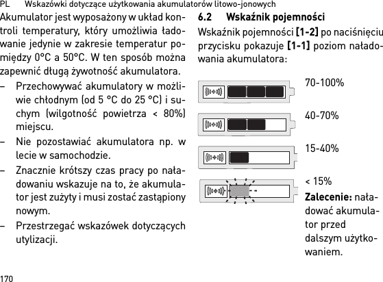 PL       Wskazówki dotyczące użytkowania akumulatorów litowo-jonowych170Akumulator jest wyposażony w układ kon-troli temperatury, który umożliwia łado-wanie jedynie w zakresie temperatur po-między 0°C a 50°C. W ten sposób możnazapewnić długą żywotność akumulatora. – Przechowywać akumulatory w możli-wie chłodnym (od 5 °C do 25 °C) i su-chym (wilgotność powietrza &lt; 80%)miejscu. – Nie pozostawiać akumulatora np. wlecie w samochodzie. – Znacznie krótszy czas pracy po nała-dowaniu wskazuje na to, że akumula-tor jest zużyty i musi zostać zastąpionynowym. – Przestrzegać wskazówek dotyczącychutylizacji.6.2 Wskaźnik pojemnościWskaźnik pojemności [1-2] po naciśnięciuprzycisku pokazuje [1-1] poziom nałado-wania akumulatora: 70-100% 40-70%15-40%&lt; 15%Zalecenie: nała-dować akumula-tor przed dalszym użytko-waniem.