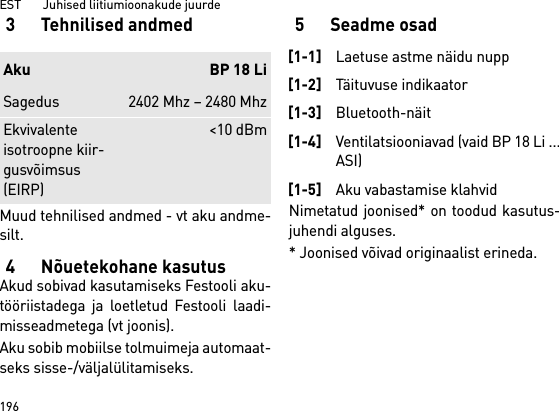 EST       Juhised liitiumioonakude juurde1963 Tehnilised andmedMuud tehnilised andmed - vt aku andme-silt.4 Nõuetekohane kasutusAkud sobivad kasutamiseks Festooli aku-tööriistadega ja loetletud Festooli laadi-misseadmetega (vt joonis).Aku sobib mobiilse tolmuimeja automaat-seks sisse-/väljalülitamiseks. 5 Seadme osadNimetatud joonised* on toodud kasutus-juhendi alguses.* Joonised võivad originaalist erineda.Aku BP 18 LiSagedus 2402 Mhz – 2480 MhzEkvivalente isotroopne kiir-gusvõimsus (EIRP)&lt;10 dBm[1-1]Laetuse astme näidu nupp[1-2]Täituvuse indikaator[1-3]Bluetooth-näit[1-4]Ventilatsiooniavad (vaid BP 18 Li ...ASI)[1-5]Aku vabastamise klahvid