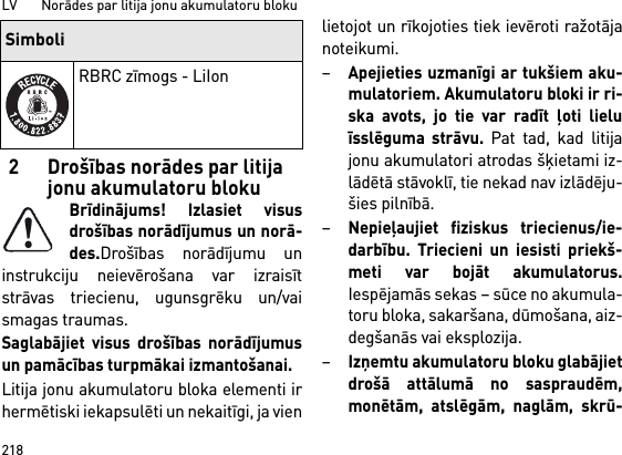 LV       Norādes par litija jonu akumulatoru bloku2182 Drošības norādes par litija jonu akumulatoru blokuBrīdinājums! Izlasiet visusdrošības norādījumus un norā-des.Drošības norādījumu uninstrukciju neievērošana var izraisītstrāvas triecienu, ugunsgrēku un/vaismagas traumas. Saglabājiet visus drošības norādījumusun pamācības turpmākai izmantošanai.Litija jonu akumulatoru bloka elementi irhermētiski iekapsulēti un nekaitīgi, ja vienlietojot un rīkojoties tiek ievēroti ražotājanoteikumi.–Apejieties uzmanīgi ar tukšiem aku-mulatoriem. Akumulatoru bloki ir ri-ska avots, jo tie var radīt ļoti lieluīsslēguma strāvu. Pat tad, kad litijajonu akumulatori atrodas šķietami iz-lādētā stāvoklī, tie nekad nav izlādēju-šies pilnībā.–Nepieļaujiet fiziskus triecienus/ie-darbību. Triecieni un iesisti priekš-meti var bojāt akumulatorus.Iespējamās sekas – sūce no akumula-toru bloka, sakaršana, dūmošana, aiz-degšanās vai eksplozija.–Izņemtu akumulatoru bloku glabājietdrošā attālumā no saspraudēm,monētām, atslēgām, naglām, skrū-RBRC zīmogs - LiIonSimboli