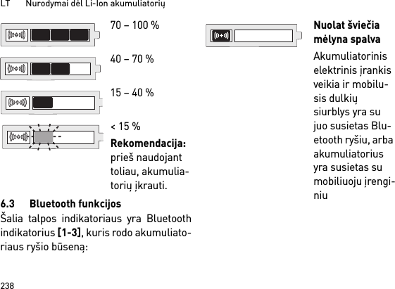 LT       Nurodymai dėl Li-Ion akumuliatorių2386.3 Bluetooth funkcijosŠalia talpos indikatoriaus yra Bluetoothindikatorius [1-3], kuris rodo akumuliato-riaus ryšio būseną: 70 – 100 % 40 – 70 %15 – 40 %&lt; 15 %Rekomendacija: prieš naudojant toliau, akumulia-torių įkrauti.Nuolat šviečia mėlyna spalvaAkumuliatorinis elektrinis įrankis veikia ir mobilu-sis dulkių siurblys yra su juo susietas Blu-etooth ryšiu, arba akumuliatorius yra susietas su mobiliuoju įrengi-niu 