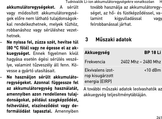 261Tudnivalók Li-ion akkumulátoregységekre vonatkozóan      Hakkumulátoregységeket. A sérültvagy módosított akkumulátoregysé-gek előre nem látható tulajdonságok-kal rendelkezhetnek, melyek tűzhöz,robbanáshoz vagy sérüléshez vezet-hetnek.–Ne nyissa fel, zúzza szét, hevítse túl(80 °C fölé) vagy ne égesse el az ak-kuegységet. Ennek figyelmen kívülhagyása esetén égési sérülés veszé-lye, valamint tűzveszély áll fenn. Kö-vesse a gyártó utasításait. –Ne használjon sérült akkumuláto-regységeket. Azonnal függessze felaz akkumulátoregység használatát,amennyiben azon rendellenes tulaj-donságokat, például szagképződést,felhevülést, elszíneződést vagy de-formálódást tapasztal. Amennyibentovább használja az akkumulátoregy-séget, az hő- és füstképződéssel, va-lamint kigyulladással vagyfelrobbanással járhat. 3 Műszaki adatokA további műszaki adatok leolvashatók azakkuegység teljesítménytábláján.Akkuegység BP 18 LiFrekvencia 2402 Mhz – 2480 MhzEkvivalens izot-rop kisugárzott energia (EIRP)&lt;10 dBm