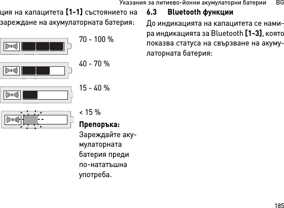 185Указания за литиево-йонни акумулаторни батерии      BGция на капацитета [1-1] състоянието назареждане на акумулаторната батерия: 6.3 Bluetooth функцииДо индикацията на капацитета се нами-ра индикацията за Bluetooth [1-3], коятопоказва статуса на свързване на акуму-латорната батерия: 70 - 100 % 40 - 70 %15 - 40 %&lt; 15 %Препоръка: Зареждайте аку-мулаторната батерия преди по-нататъшна употреба.