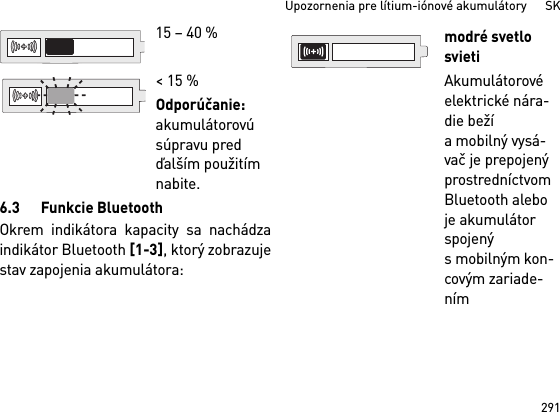 291Upozornenia pre lítium-iónové akumulátory      SK6.3 Funkcie BluetoothOkrem indikátora kapacity sa nachádzaindikátor Bluetooth [1-3], ktorý zobrazujestav zapojenia akumulátora: 15 – 40 %&lt; 15 %Odporúčanie: akumulátorovú súpravu pred ďalším použitím nabite.modré svetlo svietiAkumulátorové elektrické nára-die beží a mobilný vysá-vač je prepojený prostredníctvom Bluetooth alebo je akumulátor spojený s mobilným kon-covým zariade-ním 