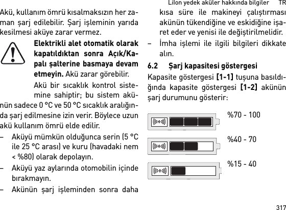 317LiIon yedek aküler hakkında bilgiler      TRAkü, kullanım ömrü kısalmaksızın her za-man  şarj edilebilir. Şarj işleminin yarıdakesilmesi aküye zarar vermez.Elektrikli alet otomatik olarakkapatıldıktan sonra Açık/Ka-palı şalterine basmaya devametmeyin. Akü zarar görebilir.Akü bir sıcaklık kontrol siste-mine sahiptir; bu sistem akü-nün sadece 0 °C ve 50 °C sıcaklık aralığın-da şarj edilmesine izin verir. Böylece uzunakü kullanım ömrü elde edilir. – Aküyü mümkün olduğunca serin (5 °Cile 25 °C arası) ve kuru (havadaki nem&lt; %80) olarak depolayın. –Aküyü yaz aylarında otomobilin içindebırakmayın. – Akünün  şarj işleminden sonra dahakısa süre ile makineyi çalıştırmasıakünün tükendiğine ve eskidiğine işa-ret eder ve yenisi ile değiştirilmelidir. –İmha işlemi ile ilgili bilgileri dikkatealın.6.2 Şarj kapasitesi göstergesiKapasite göstergesi [1-1] tuşuna basıldı-ğında kapasite göstergesi [1-2] akününşarj durumunu gösterir: %70 - 100 %40 - 70%15 - 40