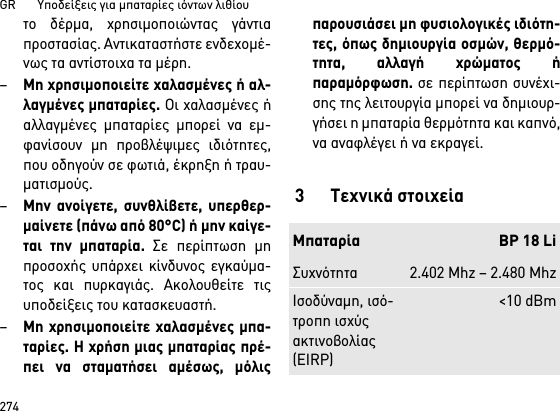 GR       Υποδείξεις για μπαταρίες ιόντων λιθίου274το δέρμα, χρησιμοποιώντας γάντιαπροστασίας. Αντικαταστήστε ενδεχομέ-νως τα αντίστοιχα τα μέρη. –Μη χρησιμοποιείτε χαλασμένες ή αλ-λαγμένες μπαταρίες. Οι χαλασμένες ήαλλαγμένες μπαταρίες μπορεί να εμ-φανίσουν μη προβλέψιμες ιδιότητες,που οδηγούν σε φωτιά, έκρηξη ή τραυ-ματισμούς.–Μην ανοίγετε, συνθλίβετε, υπερθερ-μαίνετε (πάνω από 80°C) ή μην καίγε-ται την μπαταρία. Σε περίπτωση μηπροσοχής υπάρχει κίνδυνος εγκαύμα-τος και πυρκαγιάς. Ακολουθείτε τιςυποδείξεις του κατασκευαστή. –Μη χρησιμοποιείτε χαλασμένες μπα-ταρίες. Η χρήση μιας μπαταρίας πρέ-πει να σταματήσει αμέσως, μόλιςπαρουσιάσει μη φυσιολογικές ιδιότη-τες, όπως δημιουργία οσμών, θερμό-τητα, αλλαγή χρώματος ήπαραμόρφωση. σε περίπτωση συνέχι-σης της λειτουργία μπορεί να δημιουρ-γήσει η μπαταρία θερμότητα και καπνό,να αναφλέγει ή να εκραγεί. 3Τεχνικά στοιχείαΜπαταρία BP 18 LiΣυχνότητα 2.402 Mhz – 2.480 MhzΙσοδύναμη, ισό-τροπη ισχύς ακτινοβολίας (EIRP)&lt;10 dBm