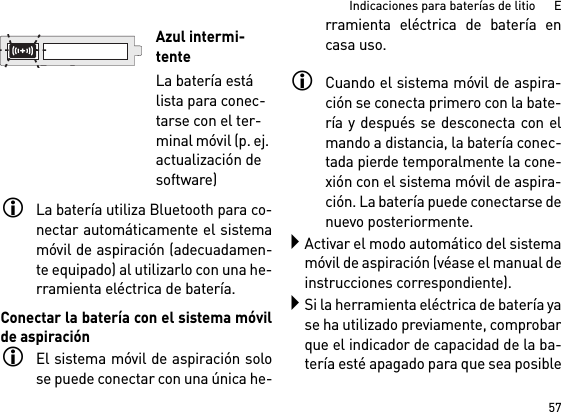 57Indicaciones para baterías de litio      ELa batería utiliza Bluetooth para co-nectar automáticamente el sistemamóvil de aspiración (adecuadamen-te equipado) al utilizarlo con una he-rramienta eléctrica de batería. Conectar la batería con el sistema móvilde aspiraciónEl sistema móvil de aspiración solose puede conectar con una única he-rramienta eléctrica de batería encasa uso. Cuando el sistema móvil de aspira-ción se conecta primero con la bate-ría y después se desconecta con elmando a distancia, la batería conec-tada pierde temporalmente la cone-xión con el sistema móvil de aspira-ción. La batería puede conectarse denuevo posteriormente. Activar el modo automático del sistemamóvil de aspiración (véase el manual deinstrucciones correspondiente).Si la herramienta eléctrica de batería yase ha utilizado previamente, comprobarque el indicador de capacidad de la ba-tería esté apagado para que sea posibleAzul intermi-tenteLa batería está lista para conec-tarse con el ter-minal móvil (p. ej. actualización de software)