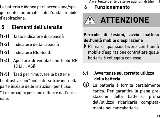 67Avvertenze per le batterie agli ioni di litio      ILa batteria è idonea per l&apos;accensione/spe-gnimento automatici dell&apos;unità mobiled&apos;aspirazione. 5 Elementi dell&apos;utensileLe illustrazioni* indicate si trovano nellaparte iniziale delle istruzioni per l&apos;uso.* Le immagini possono differire dall&apos;origi-nale.6Funzionamento6.1 Avvertenze sul corretto utilizzo della batteriaLa batteria è fornita parzialmentecarica. Per garantire la piena pre-stazione della batteria, primadell&apos;utilizzo ricaricarla completa-mente nel caricabatterie.[1-1]Tasto indicatore di capacità[1-2]Indicatore della capacità[1-3]Indicatore Bluetooth[1-4]Aperture di ventilazione (solo BP18 Li ... ASI)[1-5]Tasti per rimuovere le batterieATTENZIONEPericolo di lesioni, avvio inattesodell&apos;unità mobile d&apos;aspirazionePrima di qualsiasi lavoro con l&apos;unitàmobile d&apos;aspirazione controllare qualebatteria è collegata con essa.