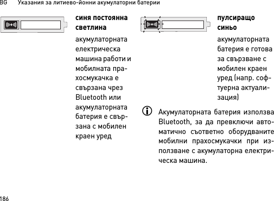 BG       Указания за литиево-йонни акумулаторни батерии186Акумулаторната батерия използваBluetooth, за да превключи авто-матично съответно оборудванитемобилни прахосмукачки при из-ползване с акумулаторна електри-ческа машина. синя постоянна светлинаакумулаторната електрическа машина работи и мобилната пра-хосмукачка е свързана чрез Bluetooth или акумулаторната батерия е свър-зана с мобилен краен уред пулсиращо синьоакумулаторната батерия е готова за свързване с мобилен краен уред (напр. соф-туерна актуали-зация)
