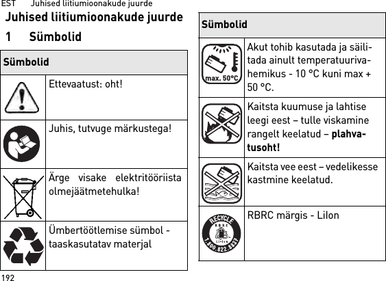 EST       Juhised liitiumioonakude juurde192Juhised liitiumioonakude juurde1SümbolidSümbolidEttevaatust: oht!Juhis, tutvuge märkustega!Ärge visake elektritööriistaolmejäätmetehulka!Ümbertöötlemise sümbol - taaskasutatav materjalAkut tohib kasutada ja säili-tada ainult temperatuuriva-hemikus - 10 °C kuni max + 50 °C.Kaitsta kuumuse ja lahtise leegi eest – tulle viskamine rangelt keelatud – plahva-tusoht!Kaitsta vee eest – vedelikesse kastmine keelatud.RBRC märgis - LiIonSümbolidmax. 50°C