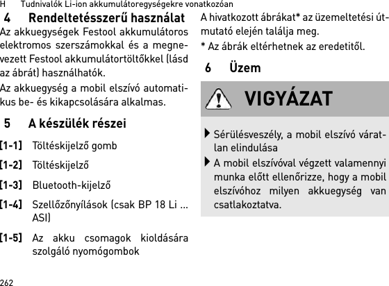 H       Tudnivalók Li-ion akkumulátoregységekre vonatkozóan2624 Rendeltetésszerű használatAz akkuegységek Festool akkumulátoroselektromos szerszámokkal és a megne-vezett Festool akkumulátortöltőkkel (lásdaz ábrát) használhatók.Az akkuegység a mobil elszívó automati-kus be- és kikapcsolására alkalmas. 5 A készülék részeiA hivatkozott ábrákat* az üzemeltetési út-mutató elején találja meg.* Az ábrák eltérhetnek az eredetitől.6Üzem[1-1]Töltéskijelző gomb[1-2]Töltéskijelző[1-3]Bluetooth-kijelző[1-4]Szellőzőnyílások (csak BP 18 Li ...ASI)[1-5]Az akku csomagok kioldásáraszolgáló nyomógombokVIGYÁZATSérülésveszély, a mobil elszívó várat-lan elindulásaA mobil elszívóval végzett valamennyimunka előtt ellenőrizze, hogy a mobilelszívóhoz milyen akkuegység vancsatlakoztatva.