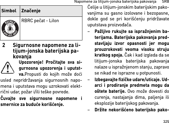 325Napomene za litijum-jonska baterijska pakovanja      SRB2 Sigurnosne napomene za li-tijum-jonska baterijska pa-kovanjaUpozorenje! Pročitajte sva si-gurnosna upozorenja i uputst-va.Propusti do kojih može doćiusled nepridržavanja sigurnosnih napo-mena i uputstava mogu uzrokovati elekt-rični udar, požar i/ili teške povrede. Čuvajte sve sigurnosne napomene ismernice za buduće korišćenje.Ćelije u litijum-jonskim baterijskim pako-vanjima su gasno izolovane i bezopasne,dokle god se pri korišćenju pridržavateuputstava proizvođača.–Pažljivo rukujte sa ispražnjenim ba-terijama. Baterijska pakovanja pred-stavljaju izvor opasnosti jer moguprouzrokovati veoma visoku strujukratkog spoja. Čak i kad izgleda da selitijum-jonska baterijska pakovanjanalaze u ispražnjenom stanju, zapravose nikad ne isprazne u potpunosti.–Izbegavajte fizičke udare/uticaje. Ud-arci i prodiranje predmeta mogu daoštete baterije. Ovo može dovesti docurenja, nastajanja dima, paljenja ilieksplozije baterijskog pakovanja.–Držite nekorišćeno baterijsko pako-RBRC pečat - LiIonSimbol Značenje