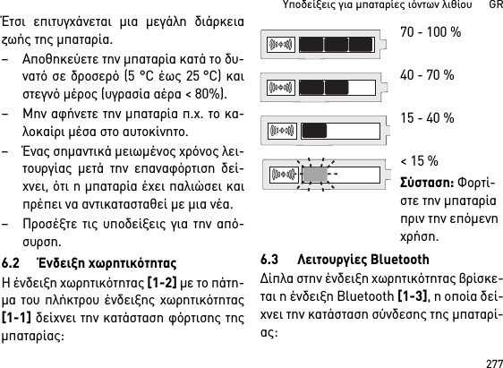 277Υποδείξεις για μπαταρίες ιόντων λιθίου      GRΈτσι επιτυγχάνεται μια μεγάλη διάρκειαζωής της μπαταρία. – Αποθηκεύετε την μπαταρία κατά το δυ-νατό σε δροσερό (5 °C έως 25 °C) καιστεγνό μέρος (υγρασία αέρα &lt; 80%). – Μην αφήνετε την μπαταρία π.χ. το κα-λοκαίρι μέσα στο αυτοκίνητο. – Ένας σημαντικά μειωμένος χρόνος λει-τουργίας μετά την επαναφόρτιση δεί-χνει, ότι η μπαταρία έχει παλιώσει καιπρέπει να αντικατασταθεί με μια νέα. – Προσέξτε τις υποδείξεις για την από-συρση.6.2 Ένδειξη χωρητικότηταςΗ ένδειξη χωρητικότητας [1-2] με το πάτη-μα του πλήκτρου ένδειξης χωρητικότητας[1-1] δείχνει την κατάσταση φόρτισης τηςμπαταρίας: 6.3 Λειτουργίες BluetoothΔίπλα στην ένδειξη χωρητικότητας βρίσκε-ται η ένδειξη Bluetooth [1-3], η οποία δεί-χνει την κατάσταση σύνδεσης της μπαταρί-ας: 70 - 100 % 40 - 70 %15 - 40 %&lt; 15 %Σύσταση: Φορτί-στε την μπαταρία πριν την επόμενη χρήση.