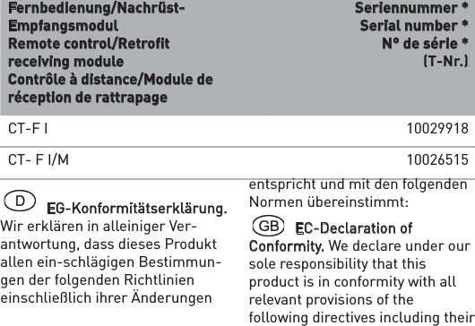 Fernbedienung/Nachrüst-EmpfangsmodulRemote control/Retroﬁt receiving moduleContrôle à distance/Module de réception de rattrapageSeriennummer *Serial number *N° de série *(T-Nr.)CT-F I 10029918CT- F I/M 10026515 EG-Konformitätserklärung. Wir erklären in alleiniger Ver-antwortung, dass dieses Produkt allen ein-schlägigen Bestimmun-gen der folgenden Richtlinien einschließlich ihrer Änderungen entspricht und mit den folgenden Normen übereinstimmt:  EC-Declaration of Conformity. We declare under our sole responsibility that this product is in conformity with all relevant provisions of the following directives including their 