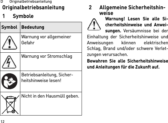 D       Originalbetriebsanleitung12Originalbetriebsanleitung1Symbole2 Allgemeine Sicherheitshin-weiseWarnung! Lesen Sie alle Si-cherheitshinweise und Anwei-sungen. Versäumnisse bei derEinhaltung der Sicherheitshinweise undAnweisungen können elektrischenSchlag, Brand und/oder schwere Verlet-zungen verursachen. Bewahren Sie alle Sicherheitshinweiseund Anleitungen für die Zukunft auf.Symbol BedeutungWarnung vor allgemeiner GefahrWarnung vor StromschlagBetriebsanleitung, Sicher-heitshinweise lesen!Nicht in den Hausmüll geben.