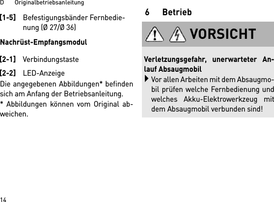 D       Originalbetriebsanleitung14Nachrüst-EmpfangsmodulDie angegebenen Abbildungen* befindensich am Anfang der Betriebsanleitung.* Abbildungen können vom Original ab-weichen.6 Betrieb[1-5]Befestigungsbänder Fernbedie-nung (Ø 27/Ø 36)[2-1]Verbindungstaste[2-2]LED-AnzeigeVORSICHTVerletzungsgefahr, unerwarteter An-lauf AbsaugmobilVor allen Arbeiten mit dem Absaugmo-bil prüfen welche Fernbedienung undwelches Akku-Elektrowerkzeug mitdem Absaugmobil verbunden sind!