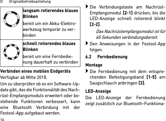 D       Originalbetriebsanleitung16Verbinden eines mobilen EndgerätsVerfügbar ab Mitte 2018.Um zu überprüfen ob es ein Software-Up-date gibt, das die Funktionalität des Nach-rüst-Empfangsmoduls erweitert oder be-stehende Funktionen verbessert, kanneine Bluetooth Verbindung mit derFestool-App aufgebaut werden.Die Verbindungstaste am Nachrüst-Empfangsmodul [2-1] drücken, bis dieLED-Anzeige schnell rotierend blinkt[2-2]. Das Nachrüstempfangsmodul ist für60 Sekunden verbindungsbereit.Den Anweisungen in der Festool-Appfolgen.6.2      FernbedienungMontageDie Fernbedienung mit dem entspre-chenden Befestigungsband [1-5] amSaugschlauch anbringen [3].LED-AnzeigeDie LED-Anzeige der Fernbedienungzeigt zusätzlich zur Bluetooth-Funktiona-langsam rotierendes blaues Blinkenbereit um ein Akku-Elektro-werkzeug temporär zu ver-bindenschnell rotierendes blaues Blinkenbereit um eine Fernbedie-nung dauerhaft zu verbinden